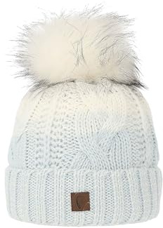 Faera Damen Beanie Bommelmütze mit Kunstfell und Thermo-Fleece Strickmütze Zopf Farbverlauf