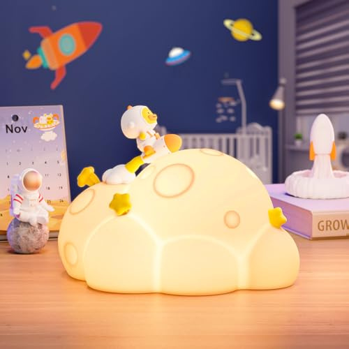 ICARER FAMILY Nachtlicht Kinder im Astronauten Design, Silikon Stilllampe mit 3 Helligkeitsstufen & Touch mit USB Aufladbar, Planet Nachttischlampe für Jungen & Mädchen