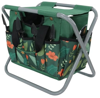 GeerDuo Klappbarer Gartenhocker mit abnehmbarer Aufbewahrungstasche, multifunktionales Gartenwerkzeug-Set, Organizer für Angeln und Camping, tragbarer Gartenstuhl, Sitz für Erwachsene (grüne Blume)