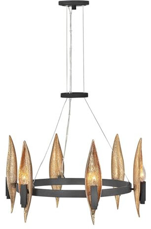 Licht-Erlebnisse Kronleuchter Metall Ring D: 61 cm rund H: max. 316,9 cm verstellbar in Schwarz Gold Modern Lüster Hängelampe Esszimmer Pendelleuchte