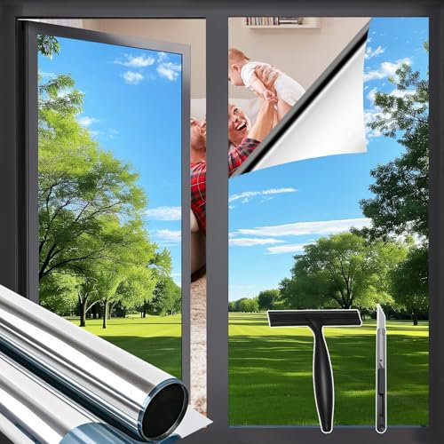 Zindoo Spiegelfolie Fensterfolie Fenster UV-Schutz Tageszeit Sichtschutzfolie Selbstklebend Silber Thermofolie, Rückstandslose Sonnenschutz Folie 105 x 400 cm