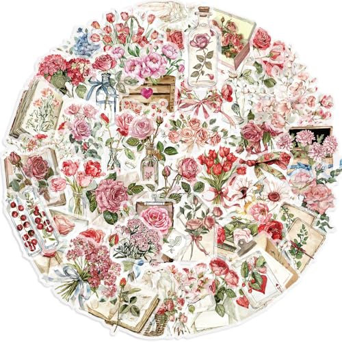 Blumen Aufkleber INS Spring Floral Aufkleber – 50 Stück Stylische PET Aufkleber für Rosen, Ästhetische Niedliche transparente Laptop-Sticker, Wasserdichte Sticker für Scrapbook/Planer/Trinkflasche