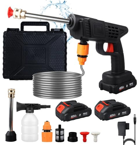 Hidrolimpiadora de Alta Presión 21V Hidrolimpiadora Portatil Pistola de Agua Alta Presión con 2 Baterías Recargable 2 Boquillas Lavadora a Presión Inalámbrica para Limpieza de Jardín/Coche/Piso