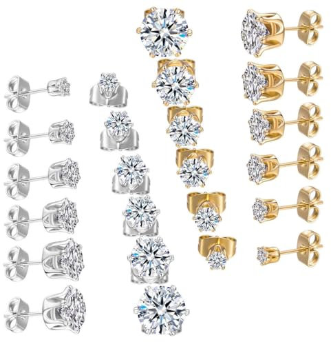 COYUN Pendientes de Acero Inoxidable Hipoalergénicos, 12 Pares, Aretes de Diamantes para Hombres y Mujeres, Redondos y Cuadrados de Circonita Cúbica