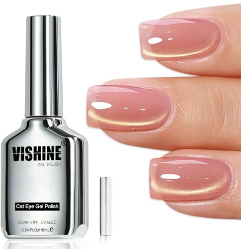 Vishine 16ml Gold Glitter Cat Eye Gel Nail Polish, Peachy Nude Pink Glass Jelly Gel Magnetic Shimmer Gloss Shine Holographic Translucent Color Nail Art Manicure DIY At Home #433