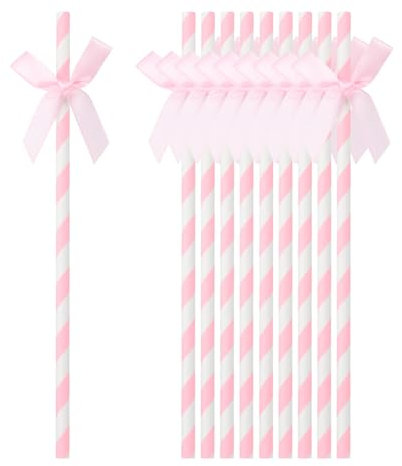 sourcing map 40Pcs Ribbon Bow Stripe Paper Straws, Drinking Straws Cake Decorations for Wedding Birthday Party Supplies, Pink