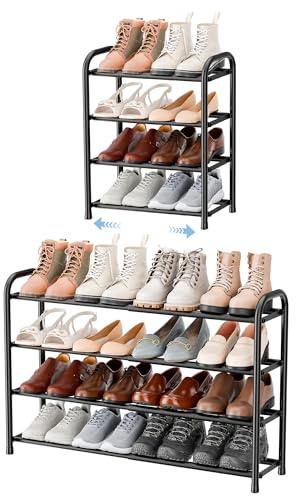 ENJOYBASICS Expandable Shoe Rack, 4 Tier Adjustable Shoe Organizer Shelf for Closet, Black Metal Free Standing Shoe Rack Storage for Small Space, Entryway