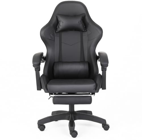 NEW LEADER Silla Gaming Ergonómica con Reposapiés, Respaldo Reclinable 90°–140°, Cojín Lumbar y Cervical, Altura Ajustable, Tapizado en Cuero PU, Silla Gamer Giratoria para Oficina (Negro)