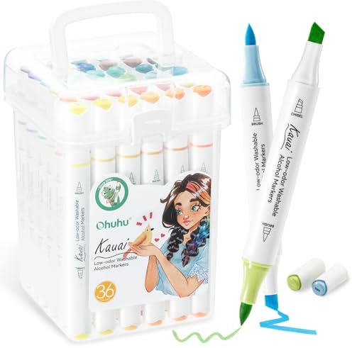 Ohuhu Markers, 36 Colours Washable Low-odor Seamless Blending Dual Tipped(Brush & Chisel) Alcohol Markers for Artists Boys Girls Drawing Sketching Colouring Illustration Comics School - Kauai Series