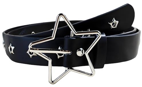 CALFOVERA 104.7 x 2.7cm Punk Metall Punkrock Nietengürtel PU Leder Gothic Stern Bund Verstellbarer Spike Nieten Gothic Hüftgürtel Mit Sternschnalle Für Damen Jeans Halloween (Schwarz)