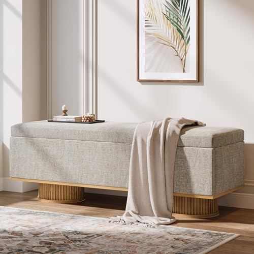 Tribesigns 50.39 Storage Bench with Padded Seat Cushion, Upholstered Shoe Bench with Flip Up Storage for Bedroom, Living Room, Entryway, Load up to 330 lb, Beige + Wood Color