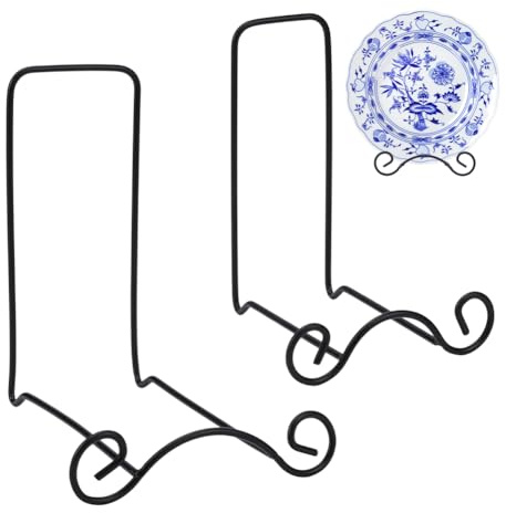 NBEADS 2Pcs 2 Styles Wrought Iron Bowl Deep Platter Stand, Metal Scroll Display Rack Easel Metal Bowl Display Stand Decorative Holder Dish Picture Easel, Black