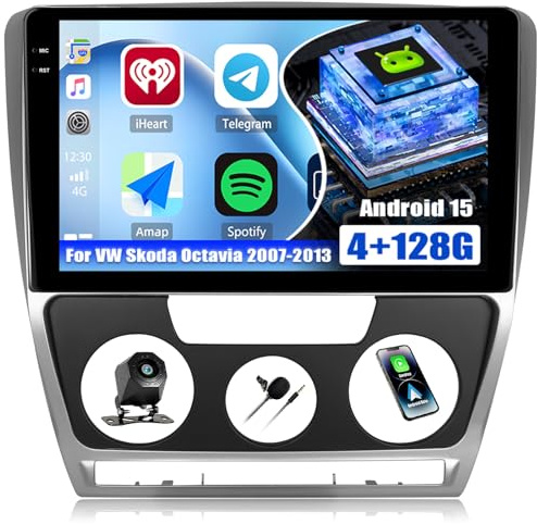 CAMECHO 4+128G Android 15 Autoradio 10 Zoll für VW Skoda Octavia 2007-2013 mit Rückfahrkamera, Incell HD Bluetooth Radio mit Wireless Carplay GPS WiFi FM/RDS Android Auto Mirror Link +Canbus