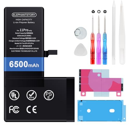 Elephantstory Batteria per iPhone 11 Pro, 6500mAh Batteria ai Polimeri di Litio ad Alta Capacità con Strumenti di Riparazione e Guida Compatibile con A2160 A2215 A2217