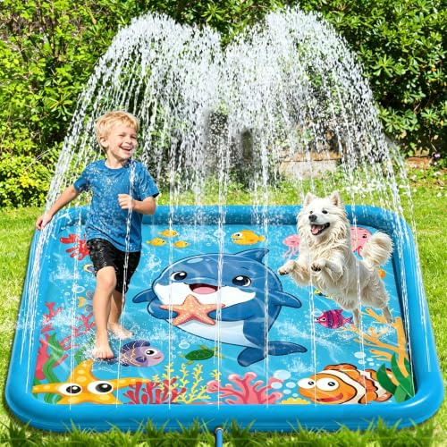 Lubibi 170cm Delfino Tappetino Spruzzi per Bambini e Cani, Tappetino per Bambini,Aumento Antiscivolo Splash Pad,Spruzza la piscina con giochi d'acqua, Giardino Estivo All'aperto Spray Acqua Giocattoli