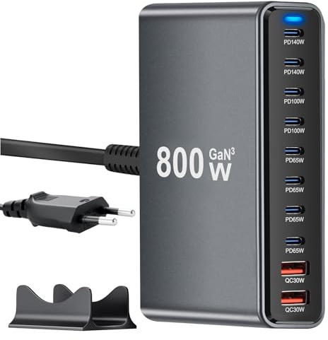 800W Stazione di Ricarica USB, Caricatore USB Multiplo PD per dispositivi da 140 W 100W e 65W, Caricabatterie Multiplo con 10 porte compatibile con MacBook, iPad, iPhone 16/15/14, DELL, HP