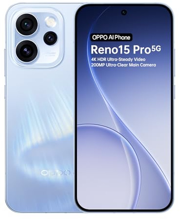 OPPO Reno15 Pro Smartphone Without Contract, 12+512 GB, 200 MP Main and 50 MP Telephoto Cameras, 4K Video, 120 Hz AMOLED Display, 6200 mAh Battery, 80 W SUPERVOOC, Dimensity 8450, IP69, Aurora Blue
