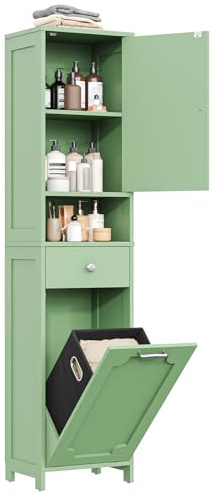 GoaHi 66.9 Tall Bathroom Cabinet with Laundry Basket, Freestanding Bathroom Storage Unit with Drawer Door and Shelves, Tilt-Out Laundry Hamper with Upper Storage Cabinet, Green
