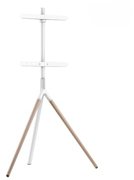 MAXMOUNT tv bodenständer für 45–65 Zoll Fernseher – Tripod tv Stand aus Stahl, drehbarer fernsehständer bis 40 kg, tv standfuss mit Kabelmanagement, Weiß und Holz