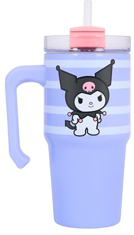 Sanrio Kuromi - Bicchiere termico in acciaio inox con cannuccia, design a righe viola, 600 ml, con manico e coperchio scorrevole, per bevande fredde