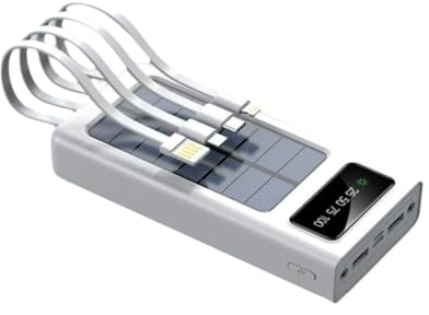 Batteria solare, con cavi integrati, display LCD, ricarica per 5 dispositivi, Nero/Bianco (Bianco, Milliampere ore, 30000.0)
