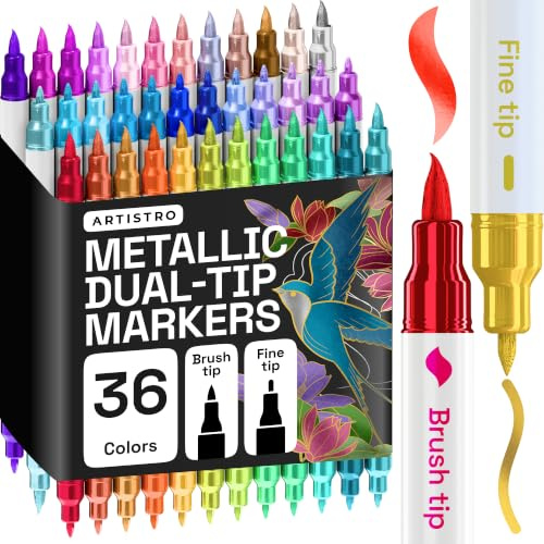 ARTISTRO 36 Metallic Acrylic Paint Markers - Paint Pens for Drawing, Brush + Fine Tips - For Fabric, Rock, Glass, Wood, Eggs - Art & Craft Supplies for Adults, Teens, Kids - Easter Basket Stuffers