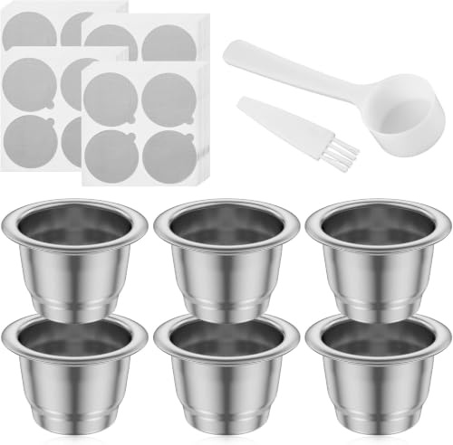Lot de 6 Dosettes de Café Réutilisables pour Nes.presso Essen.za | Capsules Réutilisables Rechargeables en Acier Inoxydable avec 100 Couvercles Cuillère Brosse (6 Cups)