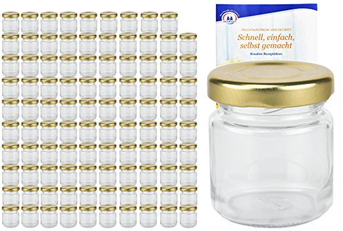 MamboCat Lot de 100 bocaux ronds de 53 ml avec couvercle doré TO 43 avec livret de recettes Diamant Gelierzauber (français non garanti), bocaux, conserves, bocaux de conservation, mini bocaux à