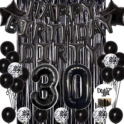 30th Birthday Decorations Black - Dirty 30 Folienballon & Kuchendeckel, Happy Birthday Banner, Star Konfetti Luftballons, Folienfransen Vorhang Männer Frauen Geburtstagsfeierzubehör