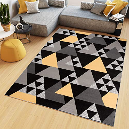 TAPISO Maya Kollektion Teppich Wohnzimmer Kurzflor Modern Dreiecke Meliert Design Schwarz Gelb Grau Schlafzimmer Büro Küche ÖKOTEX 160 x 220 cm