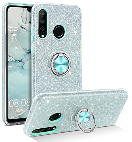 YINLAI für Huawei P30 Lite Hülle Glitzer Handyhülle Huawei P30 Lite mit 360° Ring Ständer Magnetische Auto Halterung Stoßfestes Cover Case Handy hülle für Huawei P30 Lite,Silber Mint