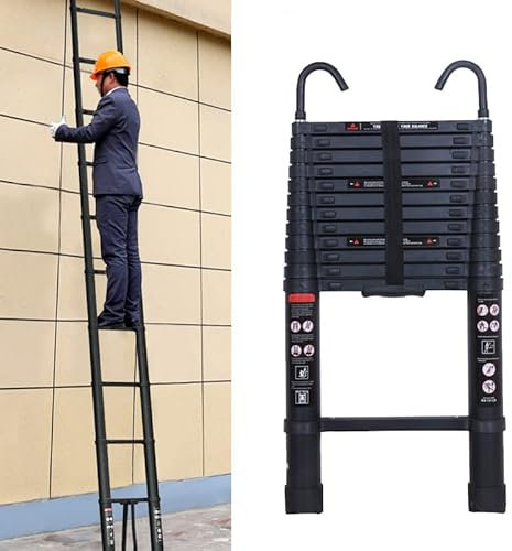 3,8m Aluminium Teleskopleiter with 2 Haken, Rutschfester Schiebeleiter, Ausziehleiter Multifunktionsleiter, Dachbodenleiter 150 kg Belastbarkeit, Schwarz