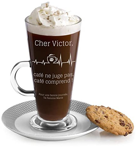 Maverton Verre à Café avec personnalisation - Tasse de 360 ml en verre transparent - Verre à Latte gravé pour hommes - pour lui - Accessoire cuisine - pour anniversaire - Café comprend