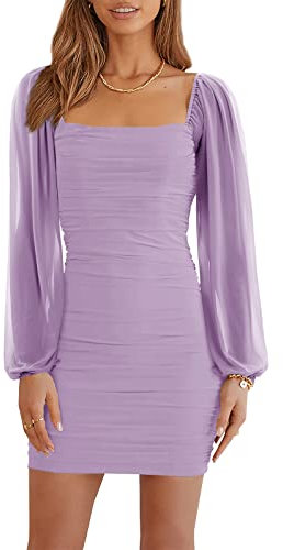 Wenrine Abiti da Donna Vestito Aderente da Festa Maglia Manica Lunga Scollo Quadrato Mini Abito.Lilla.M