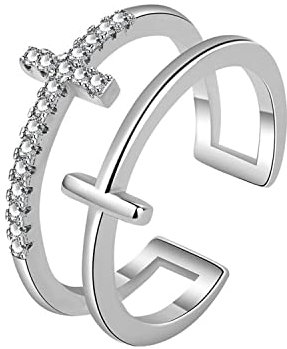 Generisch Gilieyer Doppel Kreuz Ringe, Christlicher Ring Offener Verstellbar Inspirierende Ringe Jesus Bibel Kreuz Schmuck für Frauen Herren (Double Cross Silber)
