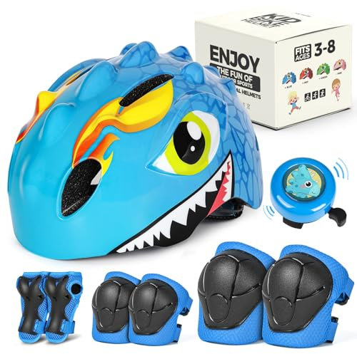 VICTGOAL Fahrradhelm Kinder zu Radsport Niedliche Cartoon 3D Gestaltet Kinderhelm für Fahrrad Skateboard Rollschuh für Jungen und Mädchen Verstellbare Größe (Blau Set mit Klingel, S (50-54 cm))