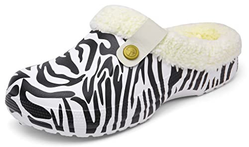 Meik Mangni Clogs Gefüttert Damen Herren Winter Gartenclogs mit Fell Warm Hausschuhe Frauen Geschlossen Pantoffeln rutschfeste Plüsch Pantoletten,Zebra-Stripe Gr.40-41 EU