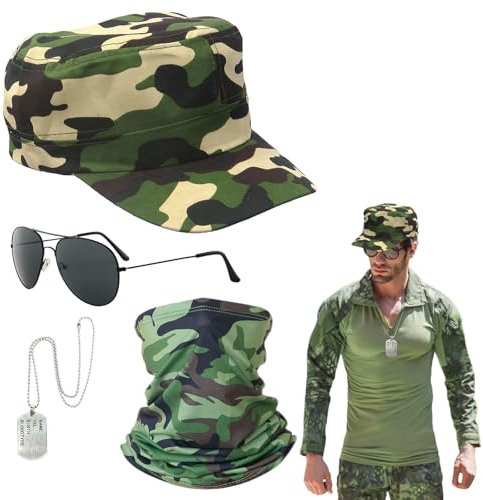 EUPSIIU 4 Piezas Disfraz de Piloto Militar Army Accesorios de TáCtica con Sombrero de Camuflaje Calentador de cuello Placa de Identificación Gafas de Sol para Soldado Cosplay Halloween