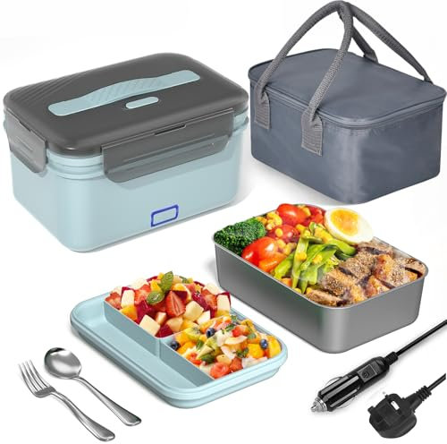 Monteka 100W Heated Lunch Box for Adults, Electric Lunchbox with 1.8L Large Capacity Container and 0.7L Fruit Layer, 3-in-1 12V/24V/230V Food Warmer for Car, Truck, Office, Gifts for Drivers Lovers
