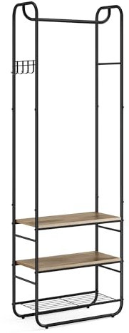 VASAGLE Portemanteau, Vestiaire, avec Étagère à Chaussures à 3 Niveaux, pour Entrée, Chambre, 58 x 28 x 181 cm, Style Scandinave, Noir d'Encre et Marron Camel HSR081K01
