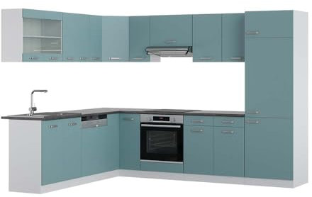 Vicco Eckküche R-Line, Küchenzeile in L-Form, Blau-Grau/Weiß, 227 x 287 cm, AP Anthrazit