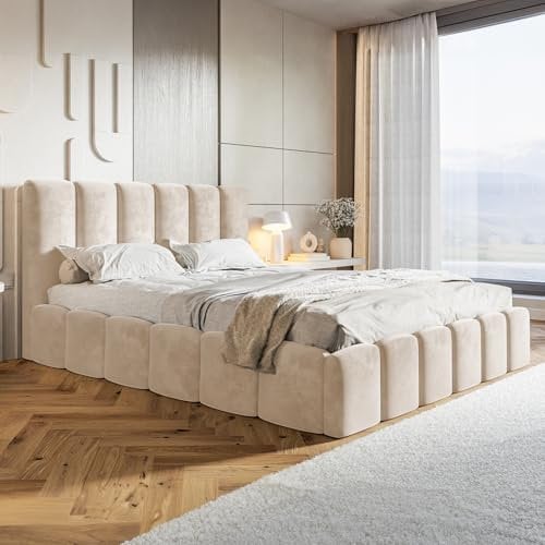 MOTIVENA Nunu Bubble Bett 180x200 Mit Bettkasten, Stauraum Und Lattenrost - Polsterbett Samt Mit Kopfteil, Ohne Matratze - Beige Creme