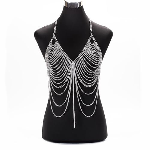 SMTCM Körperkette Damen Lagen-BH Kette Sexy Brustkette Geschichtet Quaste Dessous Metallkette Ketten Truhe Bikini Body Chain Bauch Halskette Körper Schmuck für Frauen Nachtclub Party Strand (Silber)