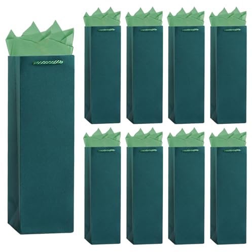 12 Stück dunkelgrüne Flaschentüten mit Seidenpapier, Wein Geschenktüten Flaschentasche mit Henkel für Weihnachten, Geburtstag 35× 9,5× 9,5 cm