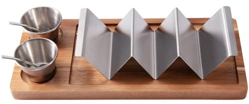 Glixoft Taco Holder 6pcs Burritos Holder Kit Tray Snack Display Stand with Sauce Cup Spoon Wooden Rack Tray Burritos Stand for Home Party Gadgets