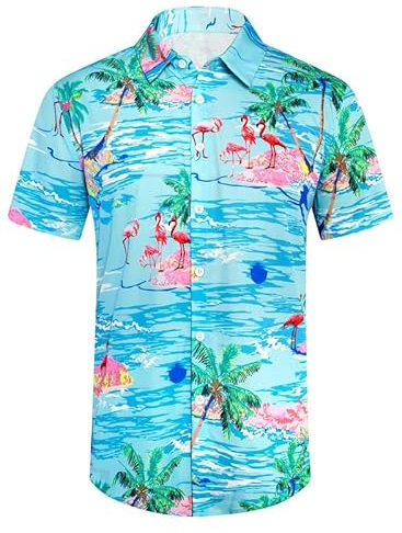 XiaoMoSha Mens Hawaiian Shirts Short Sleeve Wrinkle Free Button Down Summer Casual Shirt for Men Tropical Holiday Beach Funky Party Tops, TropicalGreen, Medium