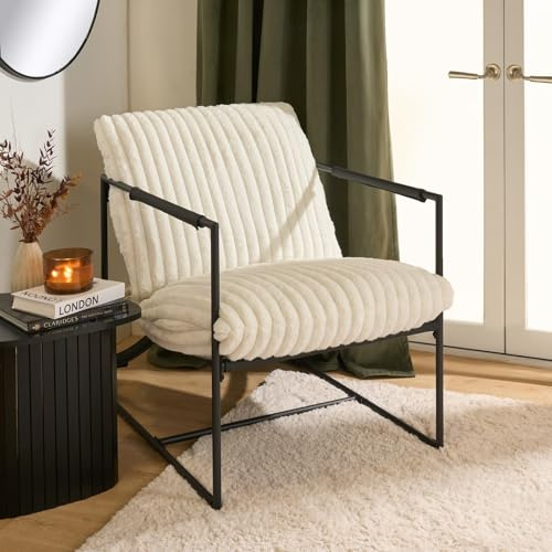 OHS Accent Chairs for Living Room, Modern Ribbed Upholstered Ergonomic Cushion with Metal Frame Armchair Decorative Comfortable Lounge Reading Accent Chair for Bedroom, Cream