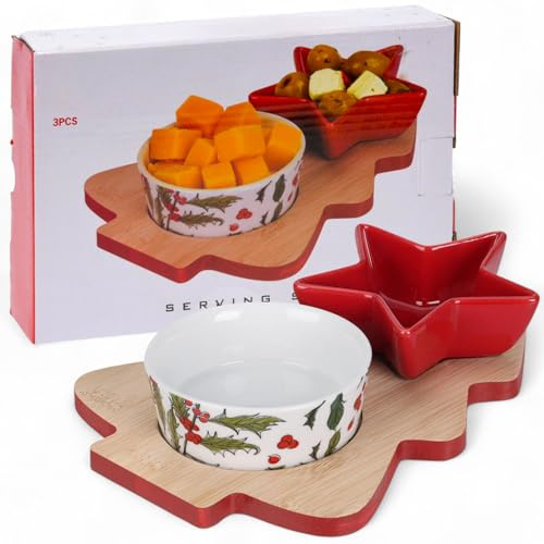 MIJOMA Juego de vajilla de Navidad de 3 piezas, cuencos de porcelana en bandeja de madera en forma de árbol de Navidad, mantel individual para servir y decorar