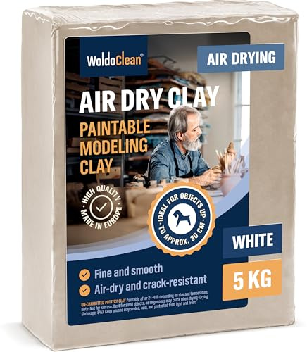 WoldoClean Ton lufttrocknend ohne Brennen Weiß 5 kg Air Dry Clay | selbsttrocknend, rissfest, für Figuren und Skulpturen, fein, kein Brennofen, Modelliermasse, weiß