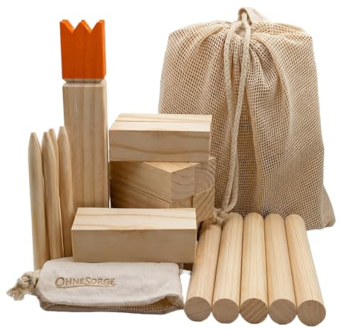 OhneSorge Kubb Spiel aus Vollholz für 2–12 Spieler | Nordisches Wurfspiel, inkl. Baumwolltasche, für Strand, Camping, Urlaub, Gartenspiel, Familien